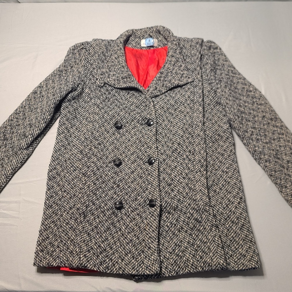 Vintage Cristina Womens Peacoat Double Breasted Harringbone 80s 90s Tweed Wool‎